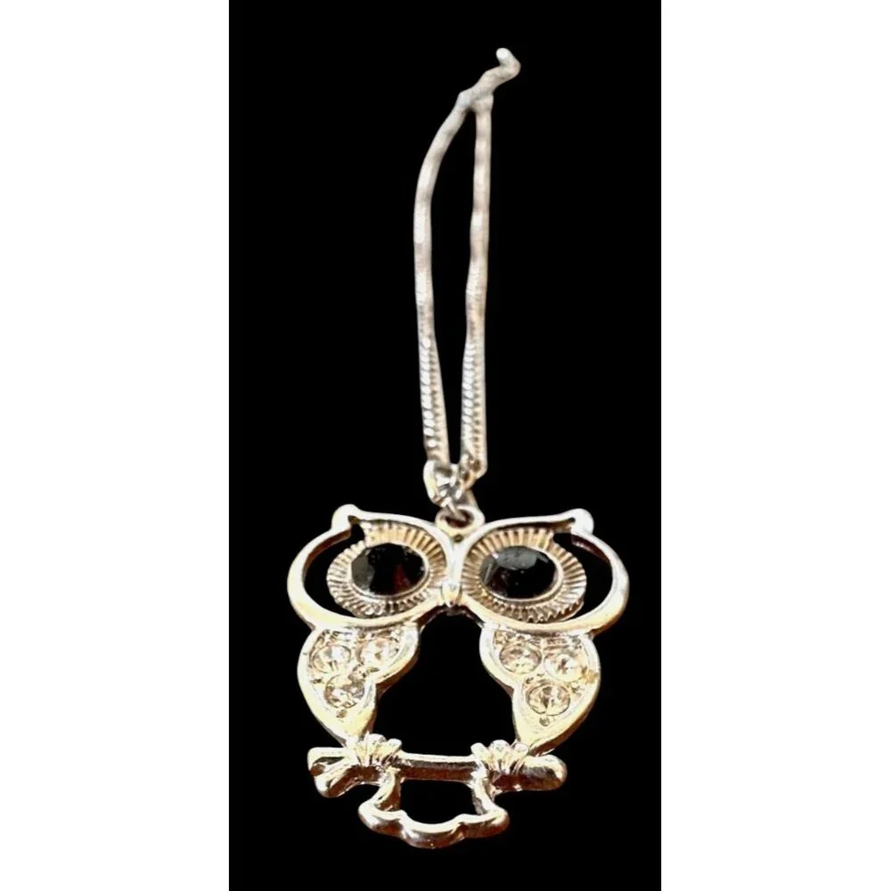 Vintage Owl Necklace Pendant 18 in Chain Extender Black Crystal Eyes Accents EUC